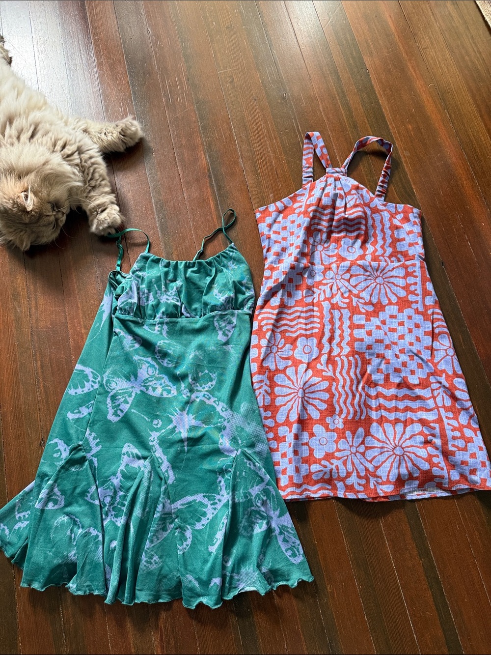 Pair of Green Butterfly Slip Dress & Orange Floral Sundress